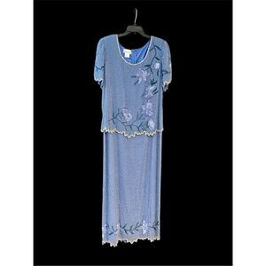 Laurence Kazar silk beaded long formal periwinkle blue purple floral 14W new